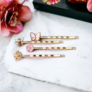 Set of 4 Hair Pins: Butterfly, Bee, Pink & Gold Flowers Boho Floral Bobby Pins